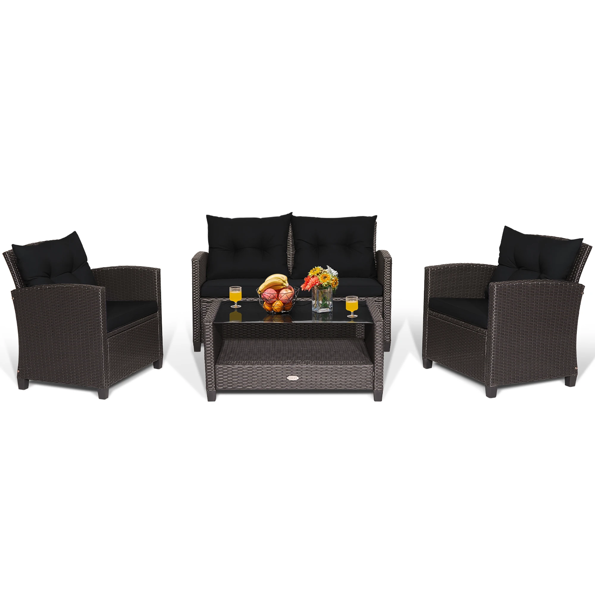 4 PCS Patio Rattan Furniture Set Glass Table Shelf Sofa Cushion Black