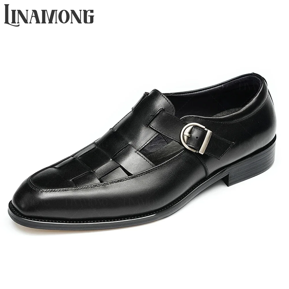 Genuine Leather Cowhide Buckle Hollow Sandals Vintage Summer Business Dress Shoes Polished Closed Toe Breathable Leather Shoes