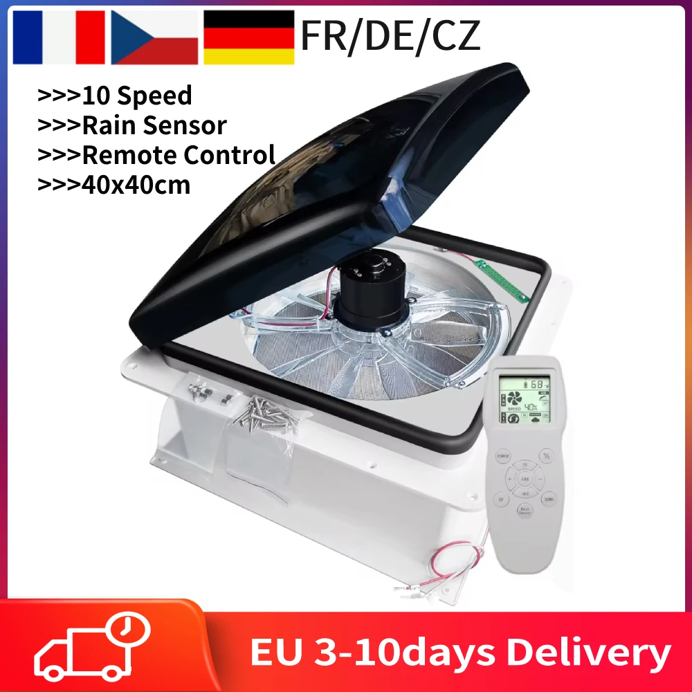 Ventilador Ventilação Campervan, Sensor de Chuva, Controlo Remoto, Caravan RV Roof Skylight, 12V, 40x40cm, 10 3 Velocidade
