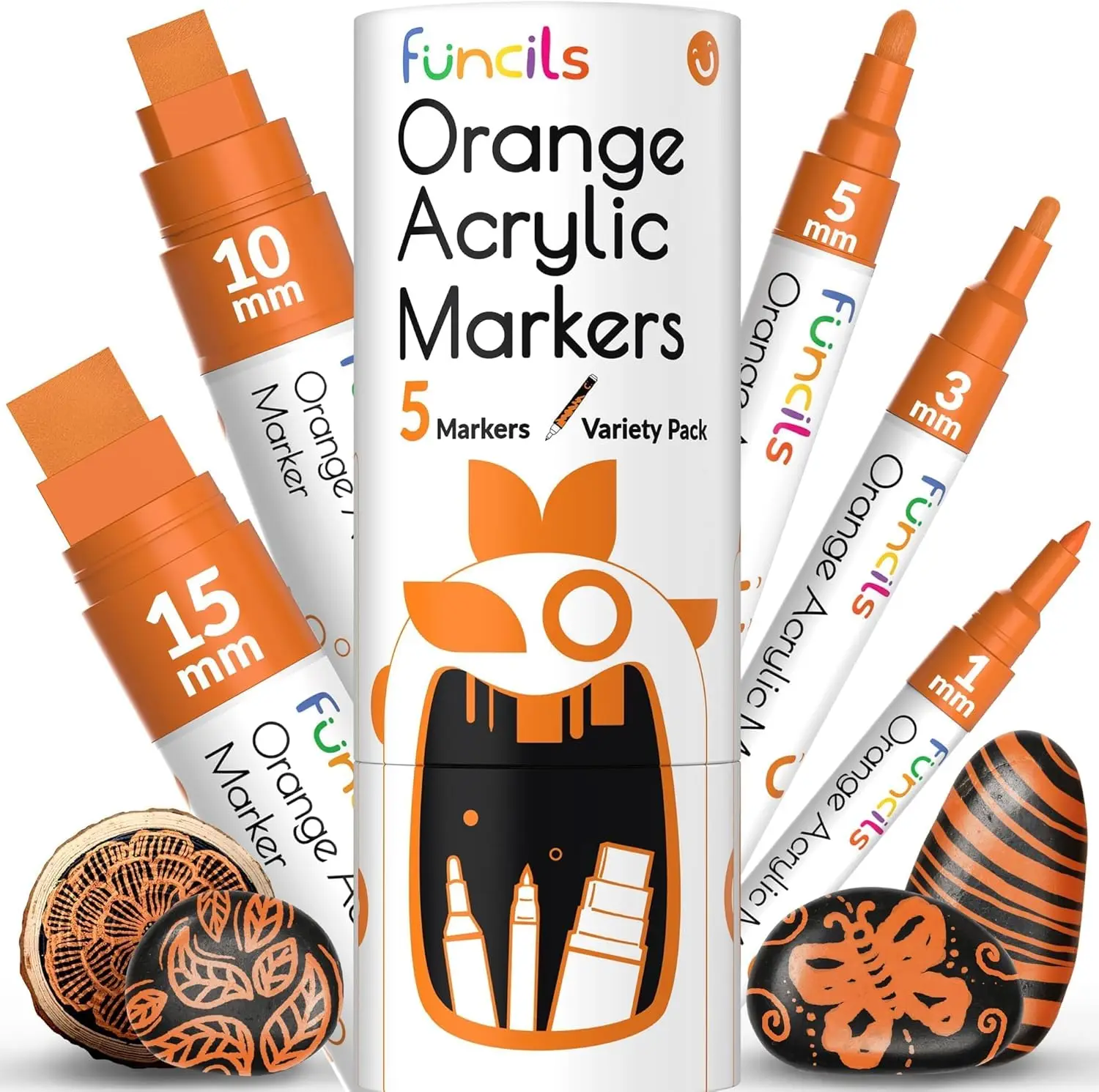 Juego de 5 Rotuladores de Pintura Acrílica Naranja - Puntas de 1mm a 15mm (de Fina a Extra Grande) para Metal, Tela, Madera, Lienzo - Tinta a Base de Agua de Secado Rápido
