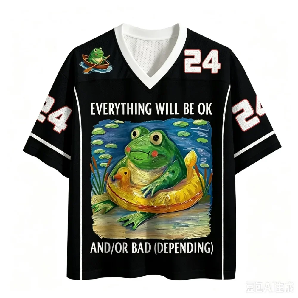 Interessanter Frosch 3D-Druck Schnelltrocknend Atmungsaktiv Sport Herren Damen V-Ausschnitt Lockerer Trend T-Shirt Modische Street Y2K Elternkleidung – Detail 3
