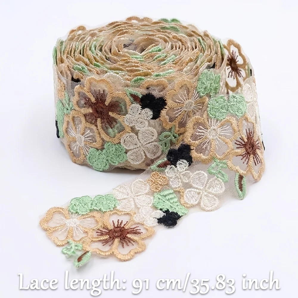 1 Yard 35.83inch Pastoral Style Color-Blocking Floral Embroidery Mesh Lace Trim, Multi-Color 3D Flower Water-Soluble Embroidery Ribbon, Handmade DIY Hair Accessories, Hanfu Dress, Curtain, Pillow, Gift Packaging, Sewing Decoration Materials