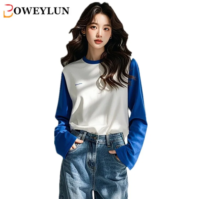 

BOWEYLUN Spring and Autumn Long-sleeved T-shirt Women Color Collision Fashion Casual Round Neck Tops for Girls