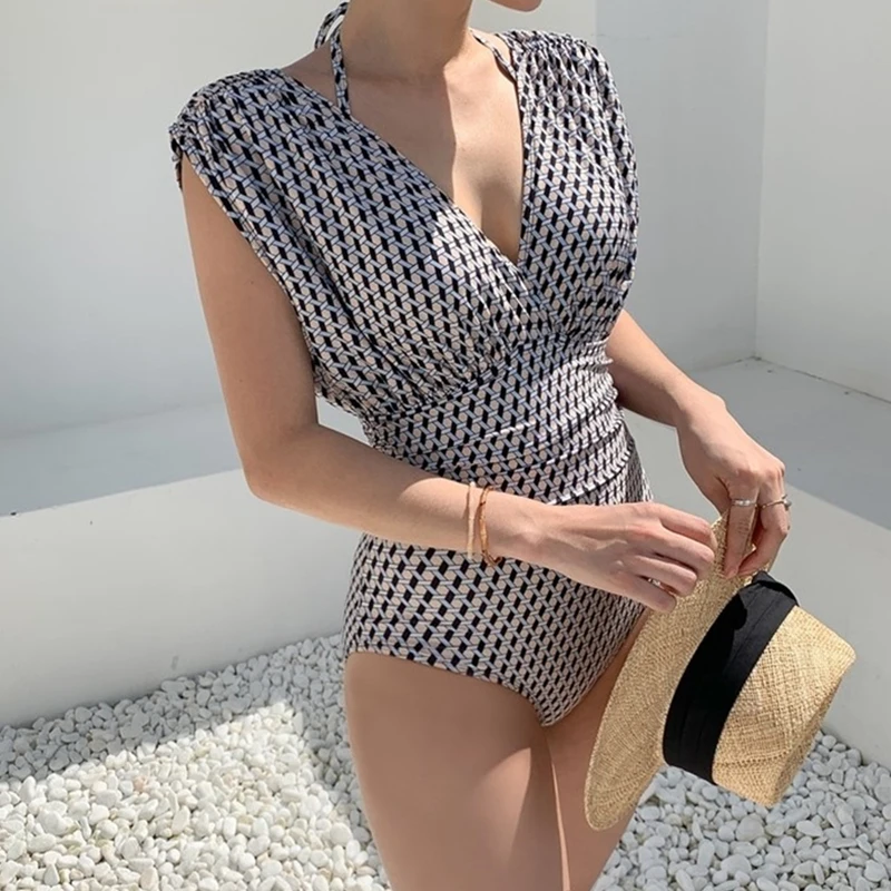 2022 Women One Piece Swimsuit Push Up Sexy Swimwear Korean Style Bathing Suit Vintage Plaid Beach Wear Maillot De Bain Femme