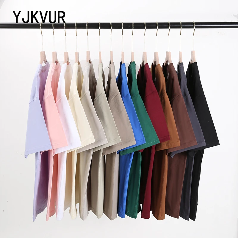 YJKVUR 2024 Summer New 230g 100% Cotton Fabric T-shirt Men High Quality Solid Color Drop Short Sleeve Loose Tshirt Oversize Tops