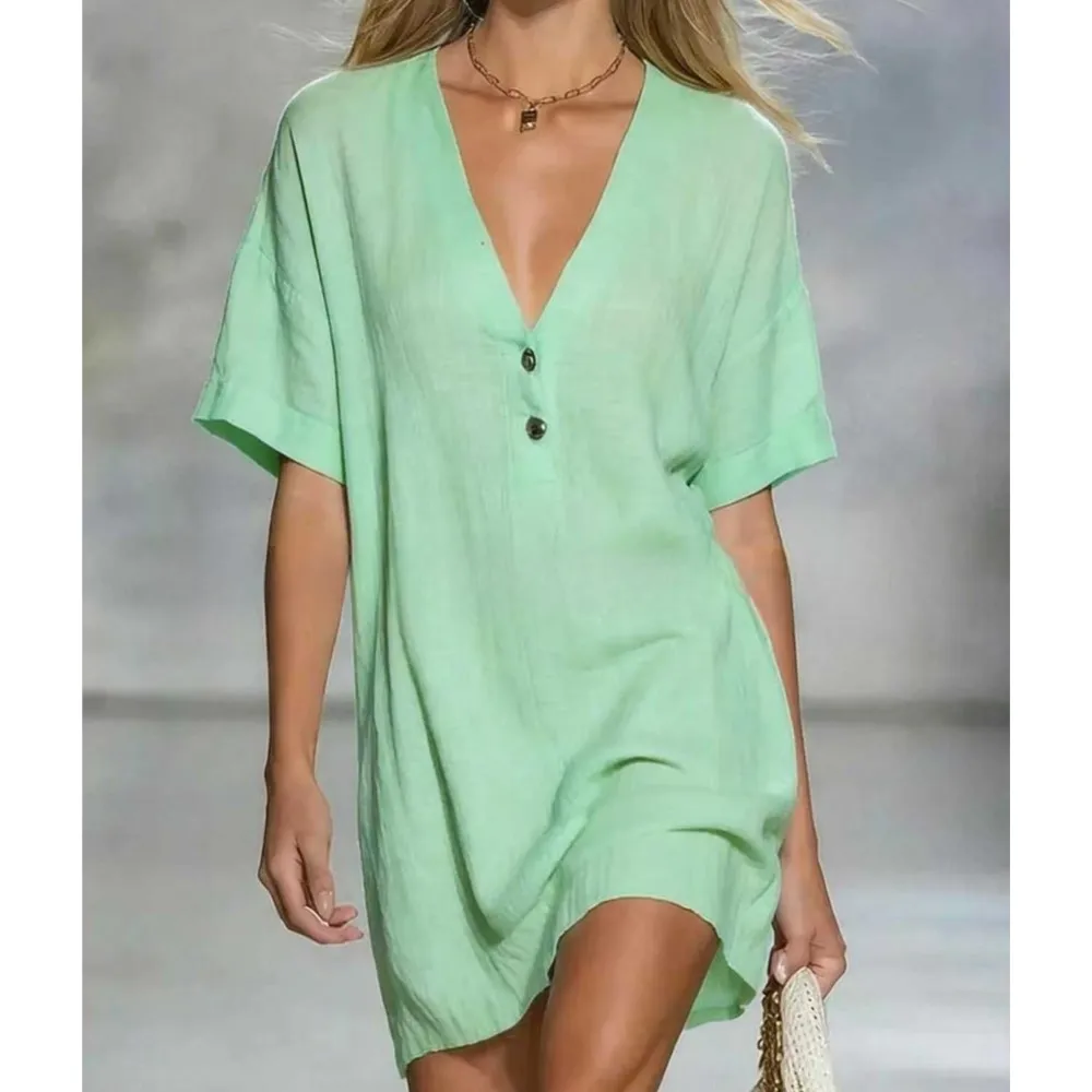 

Fashionable Short-sleeved Sexy V-neck Dress Summer Women's Cotton Linen Solid Color New Casual Loose Short Dress Ropa Mujer