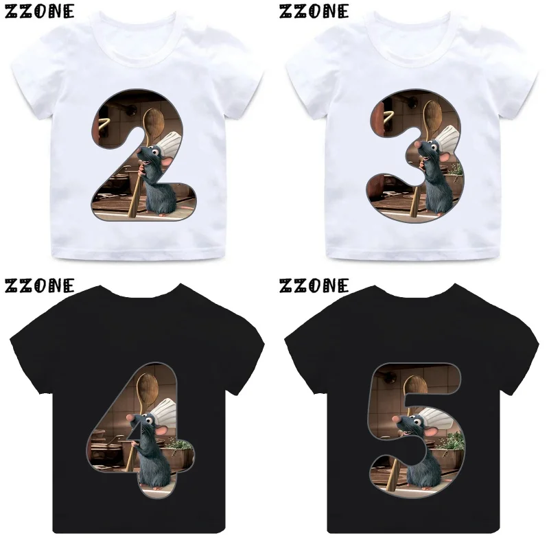 Ratatouille Remy Mouse Number Print Cute Girls Clothes 1 2 3 4 5 6 7 8 9 Years Birthday Kids T shirt Baby Boys Children T-Shirt