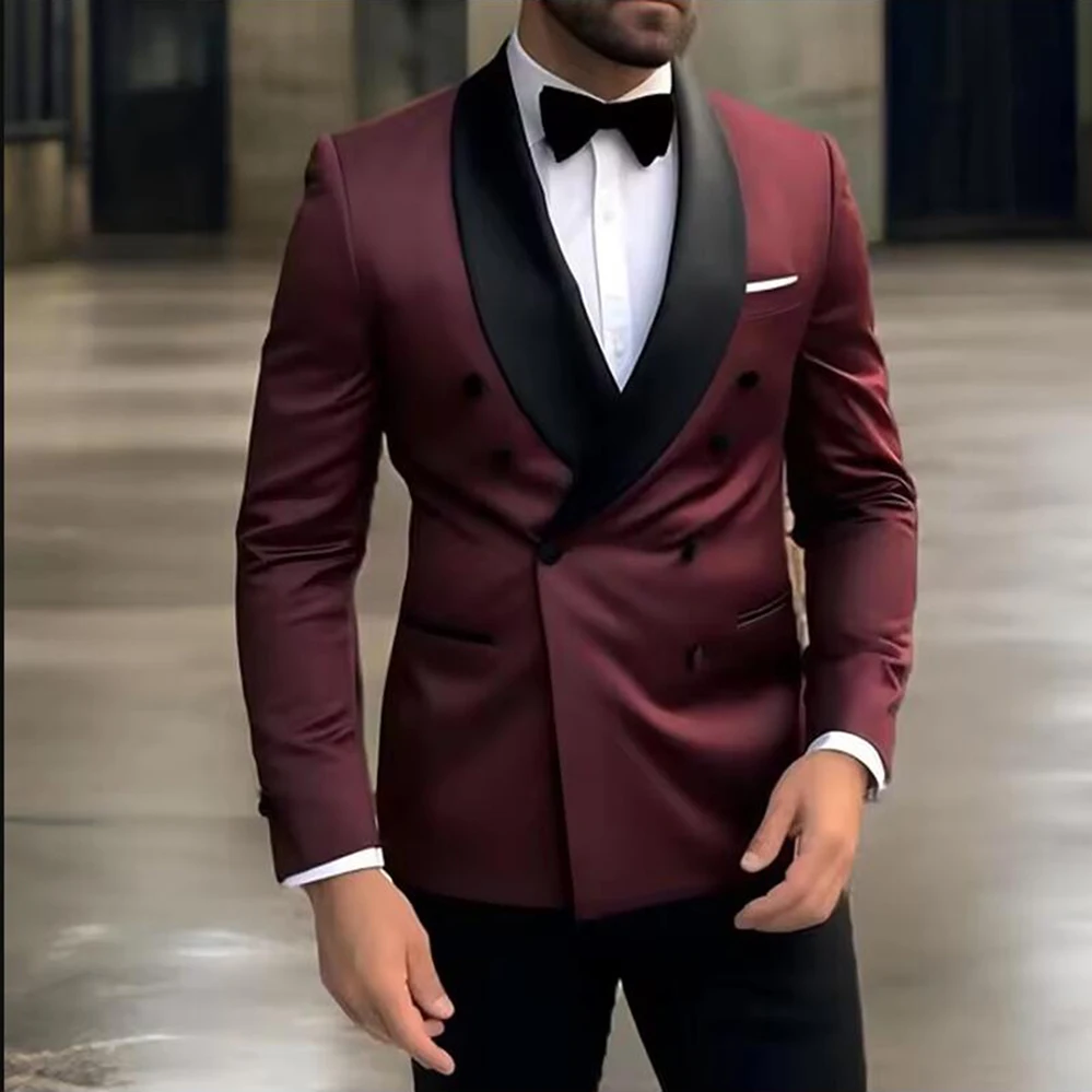 High Quality Double Breasted Shawl Lapel Men Suits 2025 Elegant Wedding Groomsmen 2 Piece Jacket Pants Costume Homme
