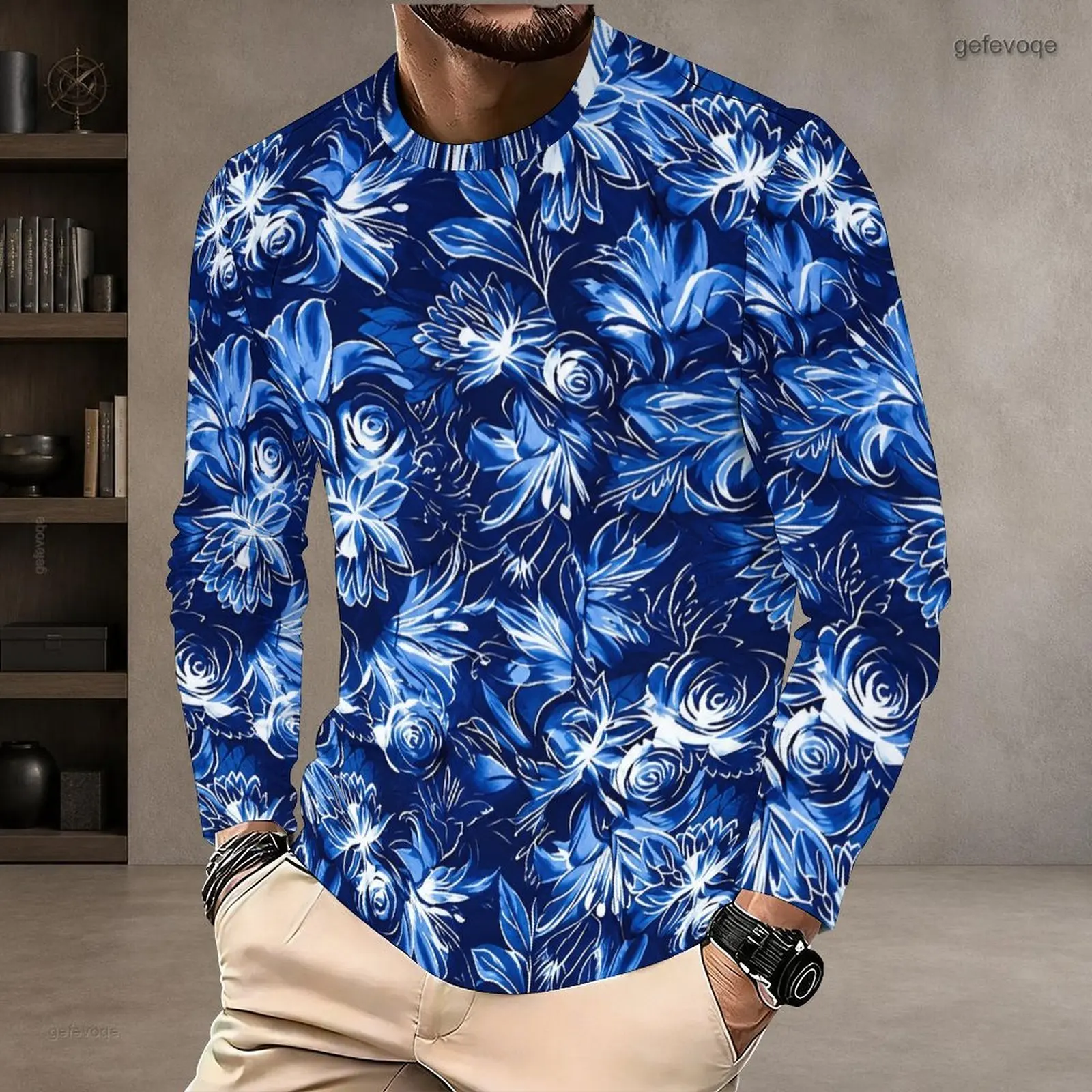 Men's Round Neck Long Sleeve T-Shirt, All Over Lemon and Green Leaf Printed