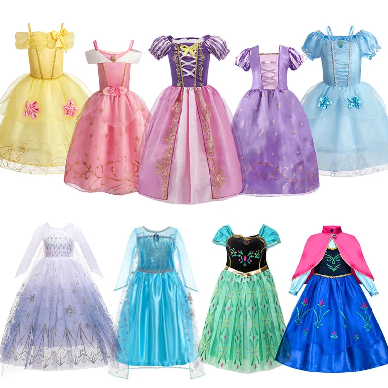 Disney Girls Princess Dress Kids Rapunzel Cinderella Snow White Aurora Frozen Halloween Costume Children Birthday Party Dress