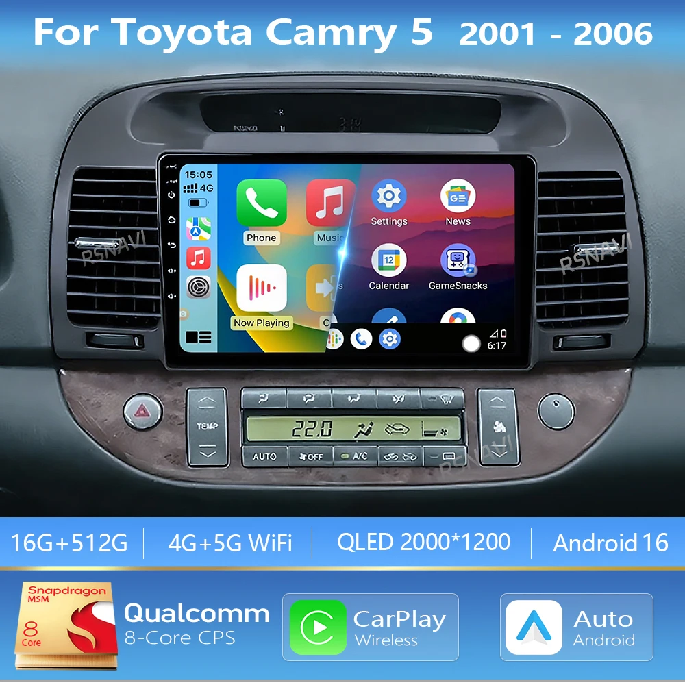Android 16 Carplay Auto 2K Screen Car Player Radio BT Multimedia For Toyota Camry 5 XV 30 2001 - 2006 Autoradio Stereo Head Unit