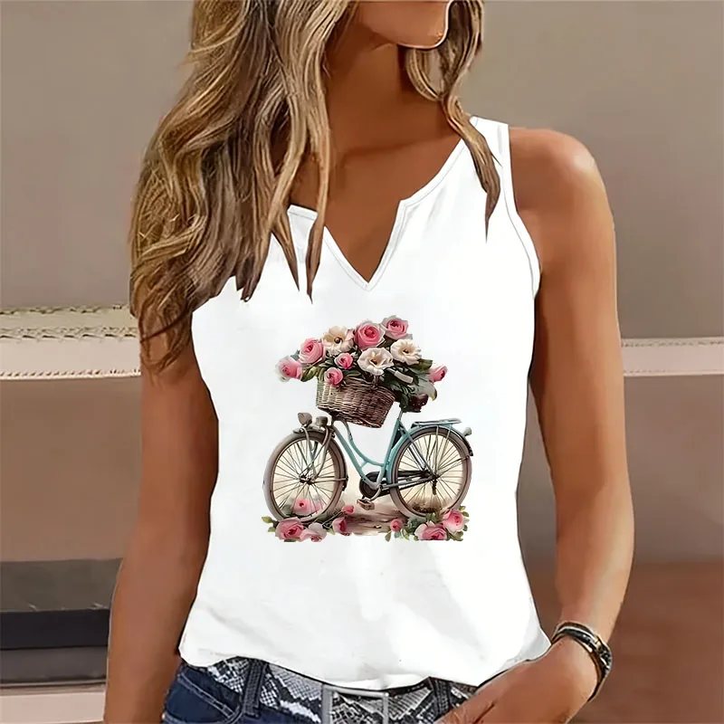 Vintage Floral with Bicycle Sleeveless Tank Top T-shirt V Neck Casual Fashion  Vest T Shirts Women Tee Shirt V-Neck