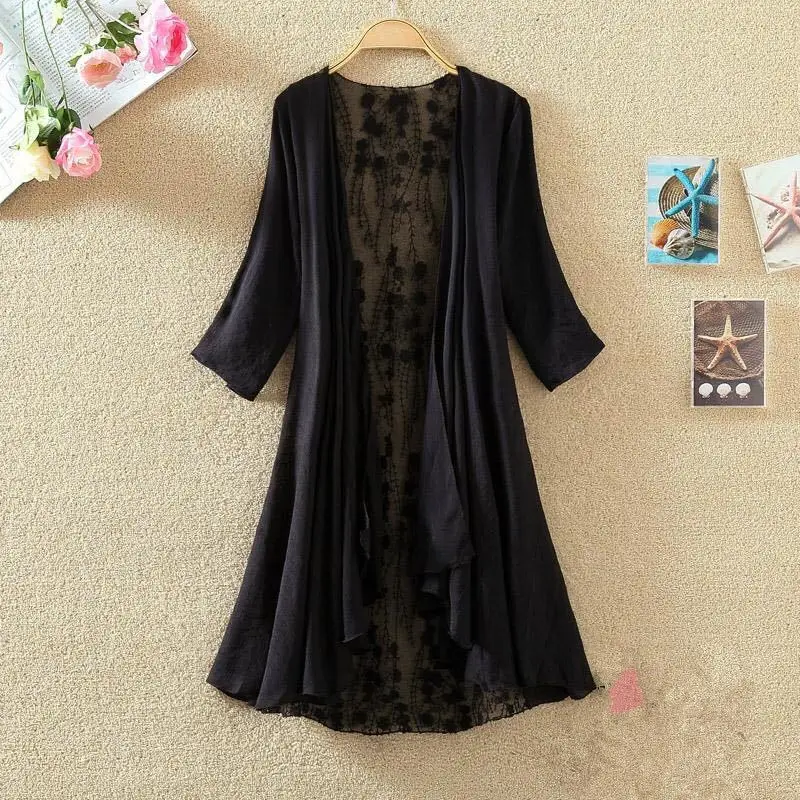 Boho Holiday Beach Summer Cardigan Women Lace Sheer Floral Embroidery Female Cardigans Causal Elegant Long Coat Dopshipping