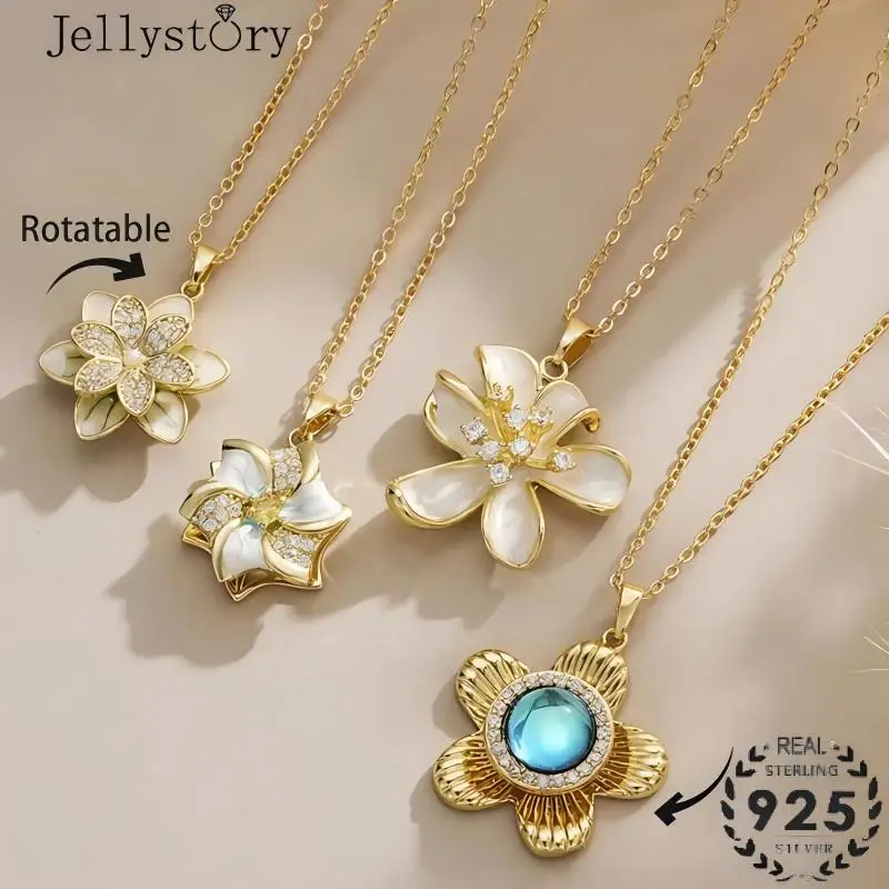 Jellystory Rotating Flower Necklace Enamel Copper Zircon Light Luxury Fashion Jewelry Minimalist Clavicle Chain Trendy Gift