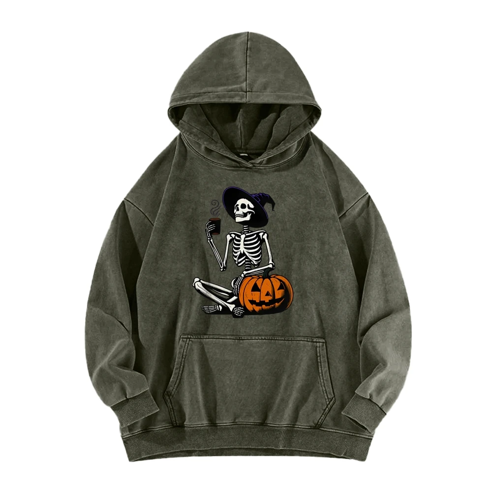 Coffee Witch Skeleton Pumpkin Oversize Washed Hoodie Unisex Halloween Autumn Winter Spooky Season Sweatshirt Costumes Pullovers