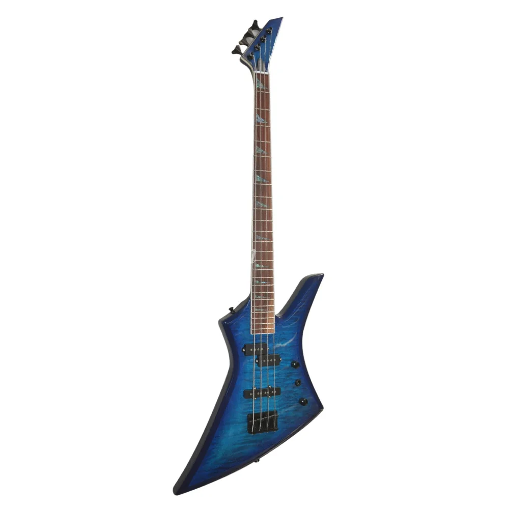 Flyoung 4 Strings Blue Unusual Electric Bass Guitar with Quilted Maple Veneer Rosewood Fretboard 24 Frets