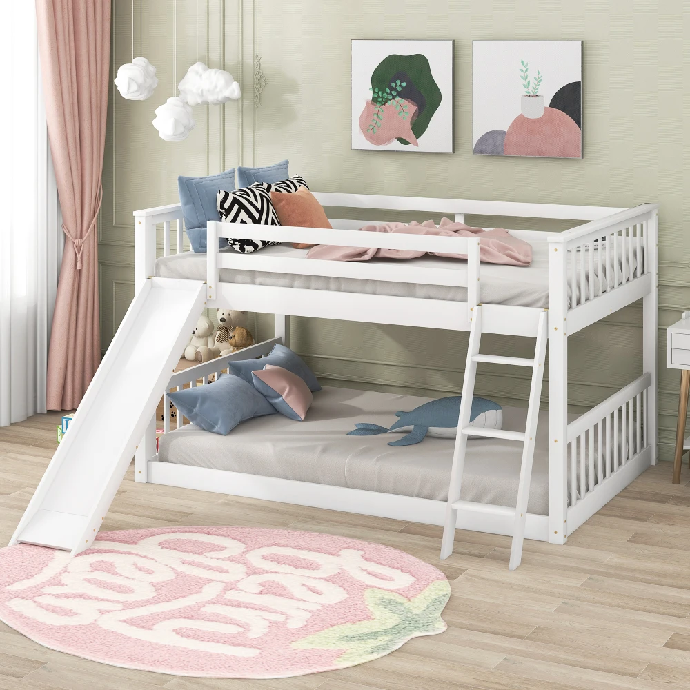 

Full Over Full Bunk Bed with Convertible Slide and Ladder, White Bunk Beds for Kids Toddler Beds Kids Furniture Bed for Girls