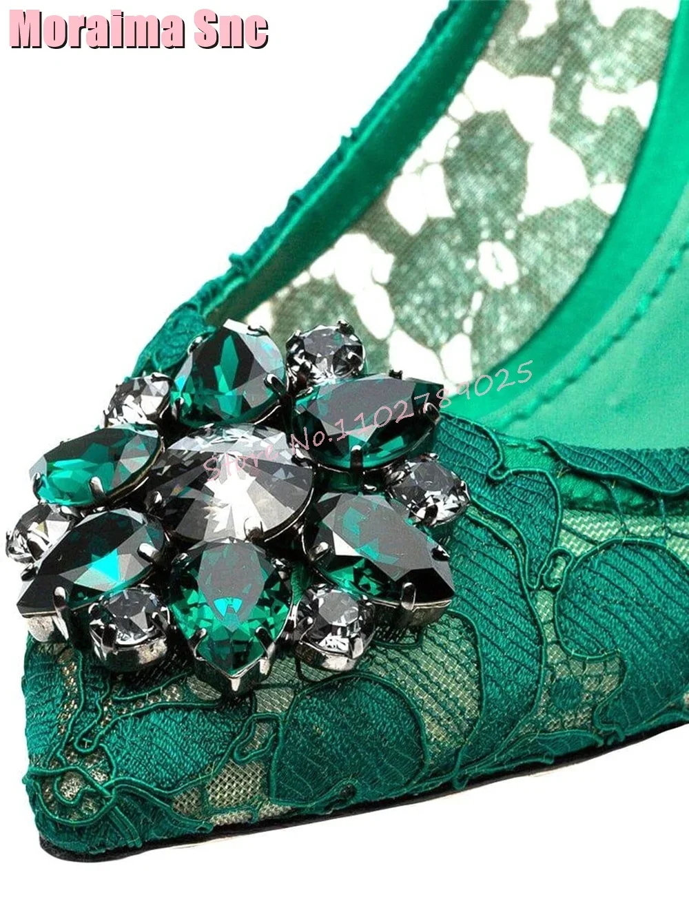 Luxury Rhinestone Lace Shallow Pumps Stiletto High Heels Slip On Dark Green Sexy Elegant Women Shoes Summer Banquet Fashion 2023 image 5