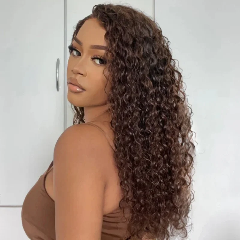 Perruque caution Curly Deep Curly HD Lace Front Wig, Cheveux 100% Naturels, Brun Chocolat, 13x6, 13x4, 30 Pouces