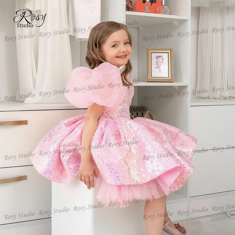 Cute Square Neck Pink Flowers Girls Dresses Puff Sleeves Ball Gowns 2023 Sequin Short Kids Birthday Party Dress