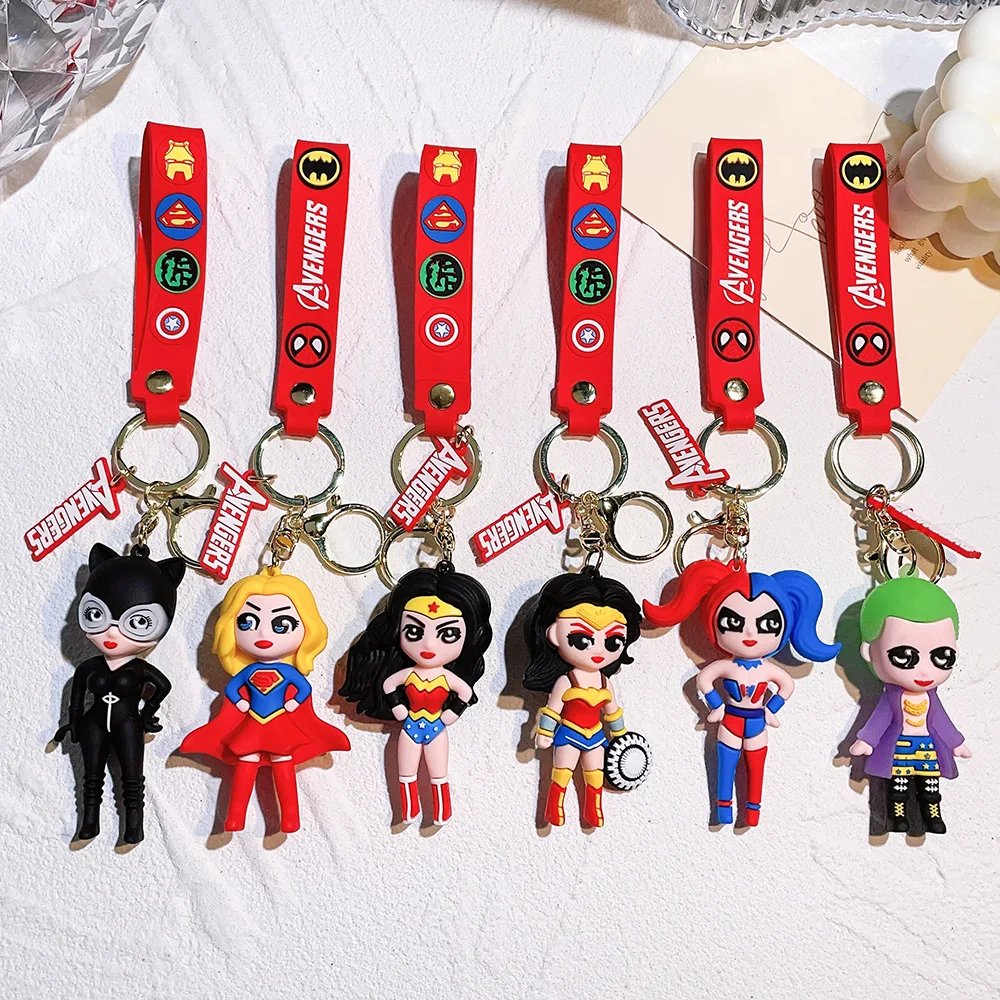 Batman Superhero Keychain Wonder Woman Catwoman Silicone PVC Pendant Cartoon Doll Figure Car Backpack Keyring Toy Birthday Gift