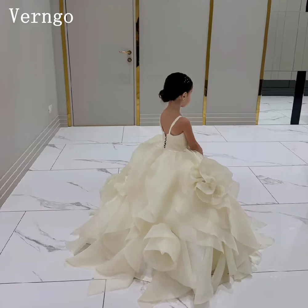 Verngo lvory Organza Mini Girl Birthday Party Dress Spaghetti Straps A Line Tiered Princess Floor Length Kid Gown Customized