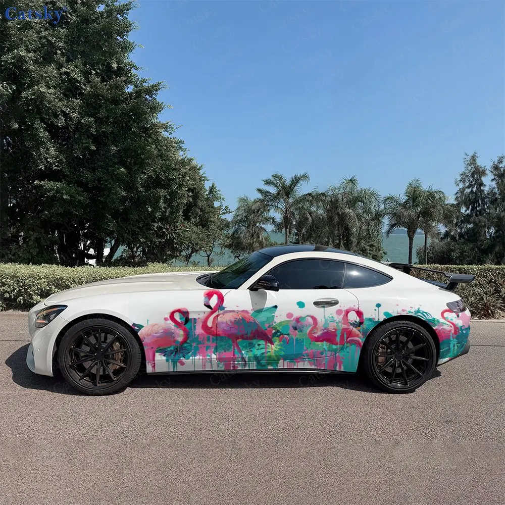 2pcs Splatter Paint Flamingo Car Side Wraps, Self-Adhesive PVC Waterproof & Scratch-Resistant Stickers, Car Accessory Gift