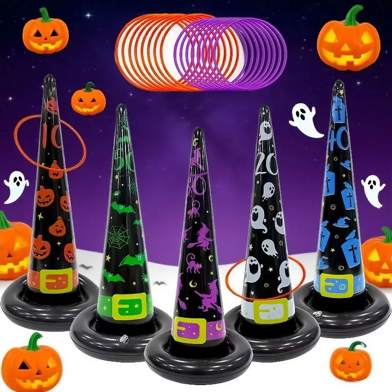 Sombrero inflable de Halloween, juguete, sombrero de bruja inflable, murciélago, lápida, fantasma, calabaza, gato, fiesta de vacaciones, juego de lanzamiento interactivo, aro