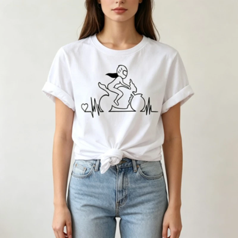 New Women's Short Sleeved T-shirt Creative Motorcycle Girl Line Pattern Printed Round Neck Summer T-shirt Casual Clothing