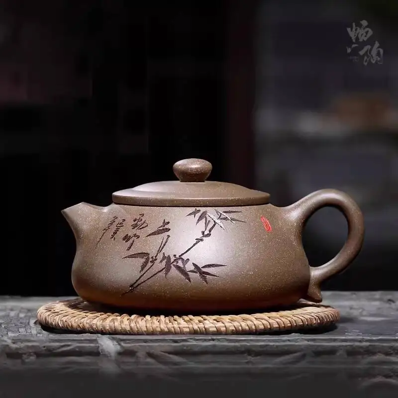 Changtaoyixing Pottery Master Li Xiaolu's Handmade Zisha Teapot, Old Green Section Bamboo Shadow Stone Pot 260Cc