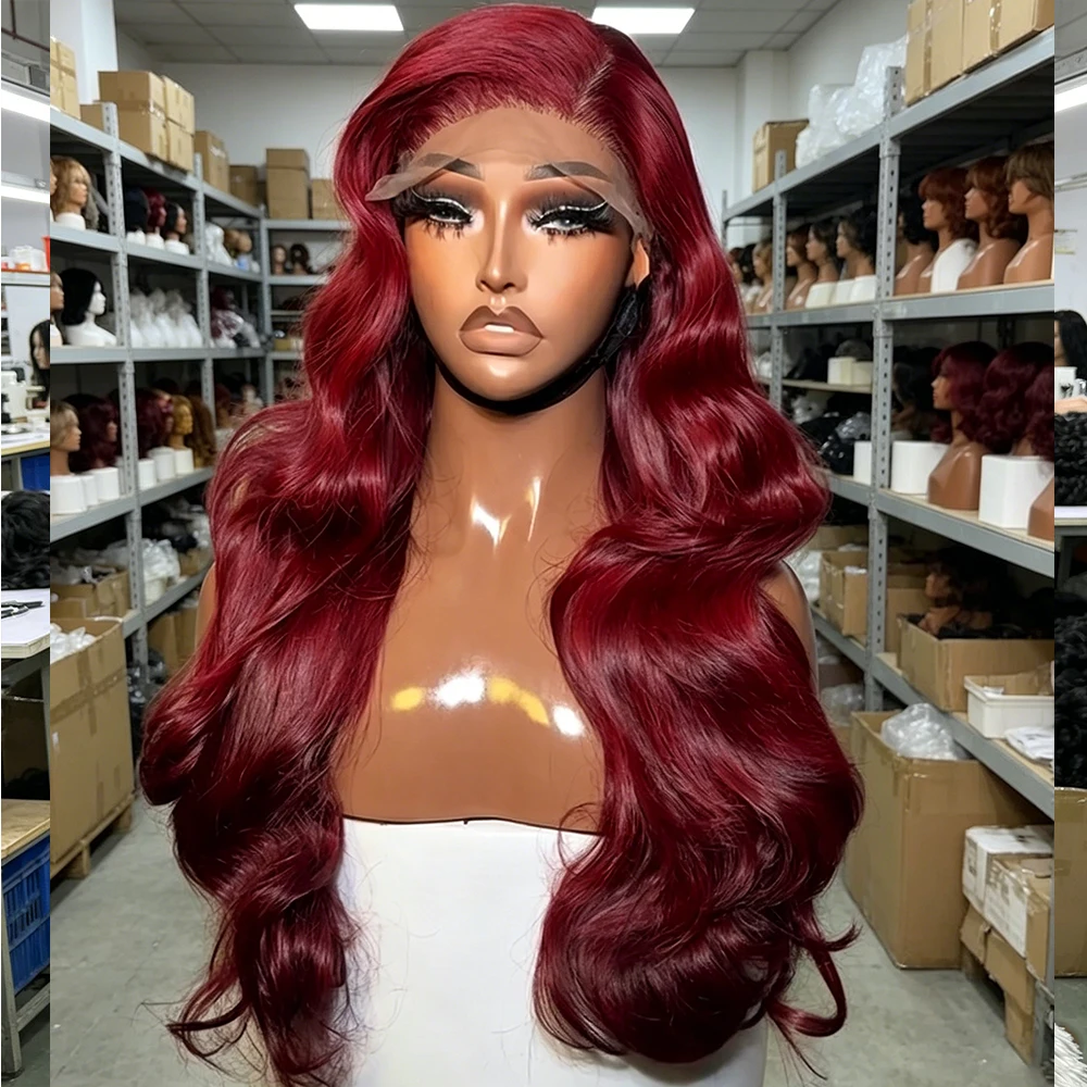 

99j Burgundy Body Wave Human Hair Lace Wigs 13x4 Transparent Lace Frontal Wig 200 Density Pre Plucked Hairline Natural Baby Hair