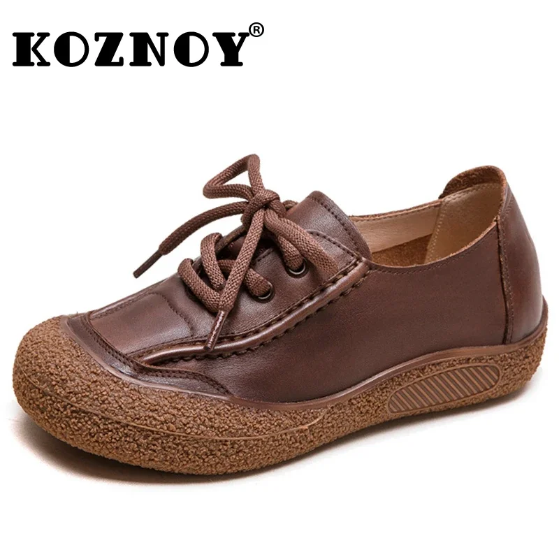 Koznoy 3cm Cow Natural Genuine Leather Comfy Loafer Spring Rubber Ethnic Woman Ergonomic Autumn Soft Flats Lace Up Leisure Shoes