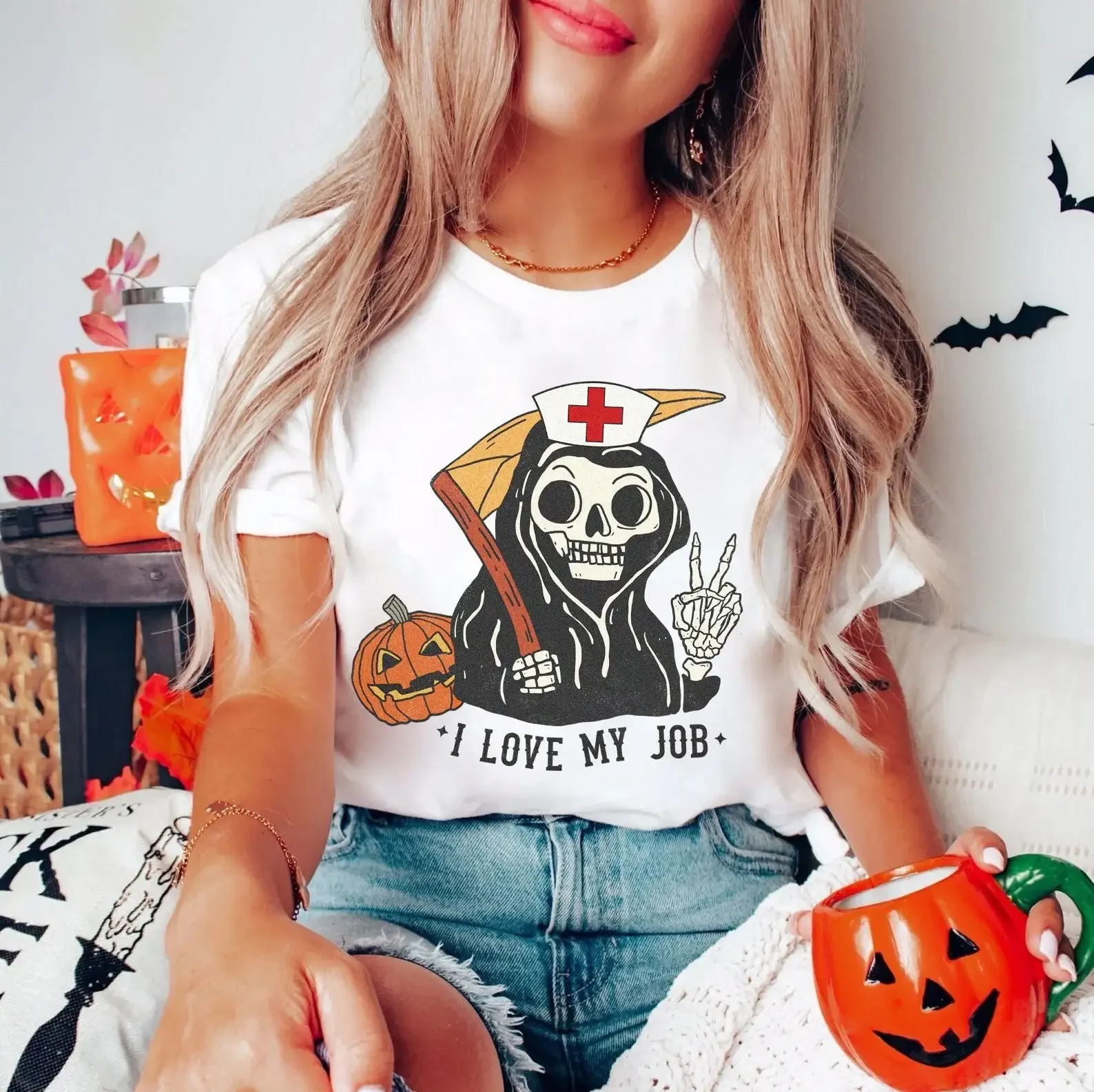 Funny Nurse Halloween T Shirt Skeleton Skull Spooky Fall Ghost Rn Lpn Icu Er Ed Night Shift Nursing School Party