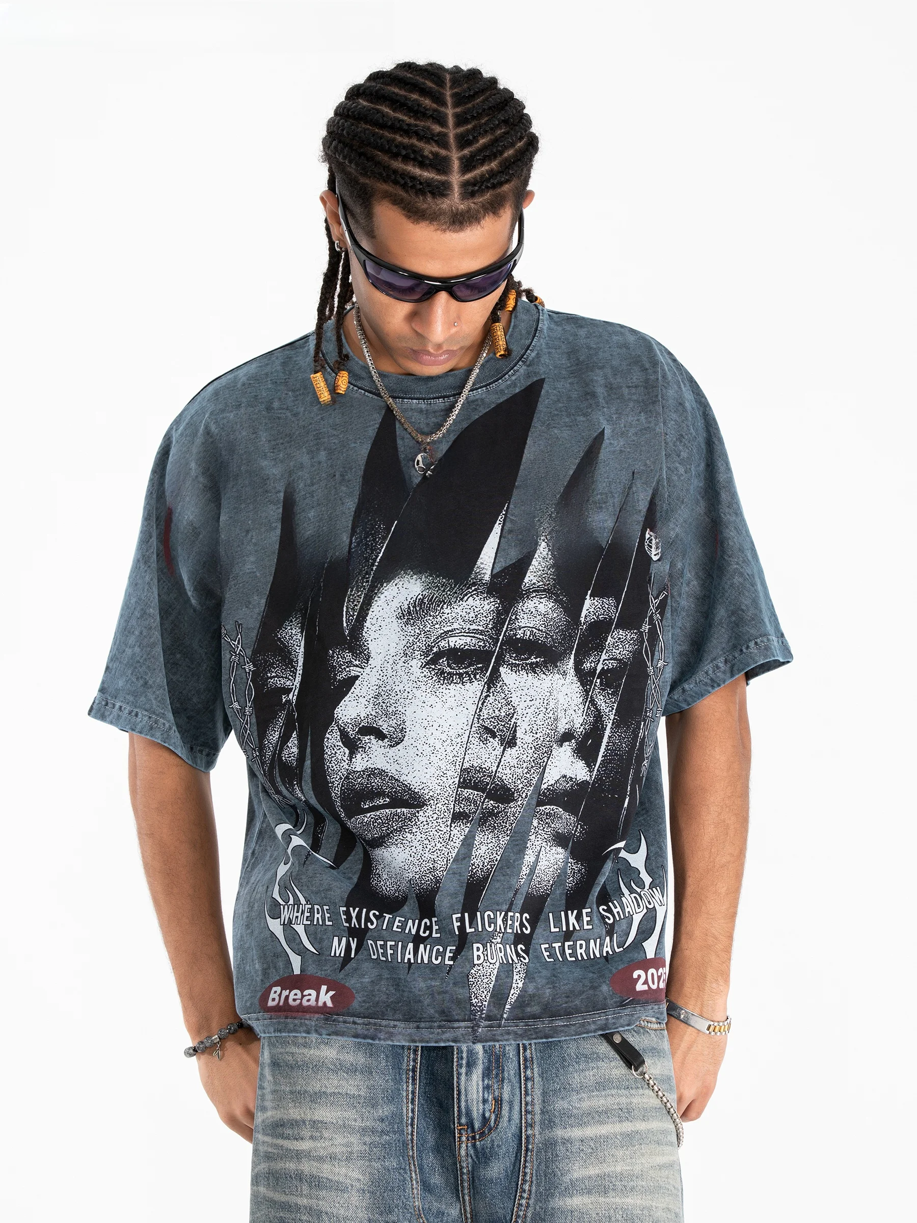 Onesevenine Original Print Loose Shoulder T-Shirt Pure Cotton Short Sleeve Short Style Summer Breathable Casual Fashion for Men