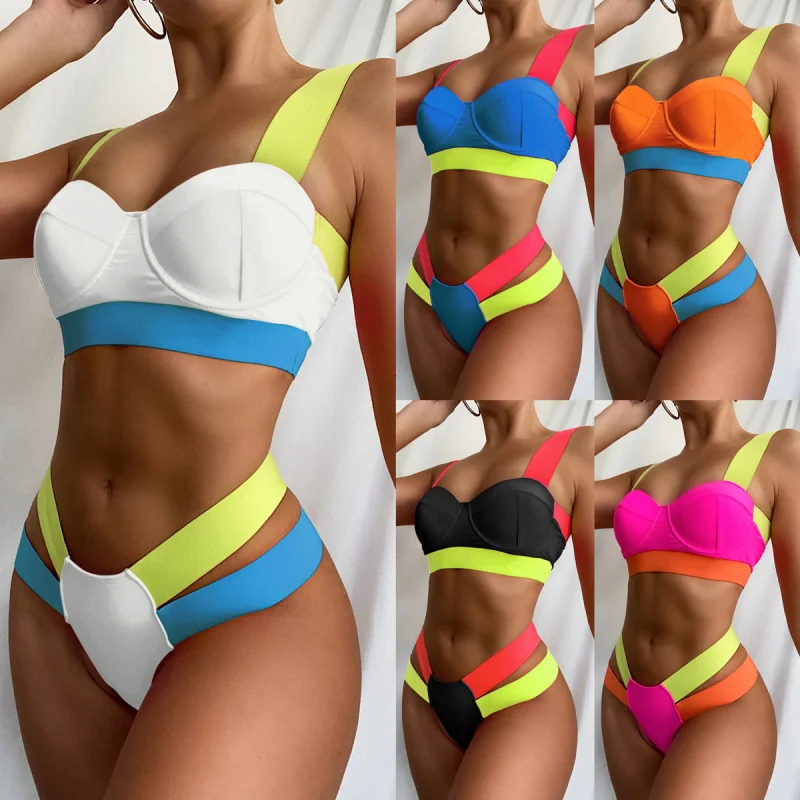 Hot-Selling Color-Block Bandage Bikini Women's Hard Cup Underwire Swimsuit Swimwear