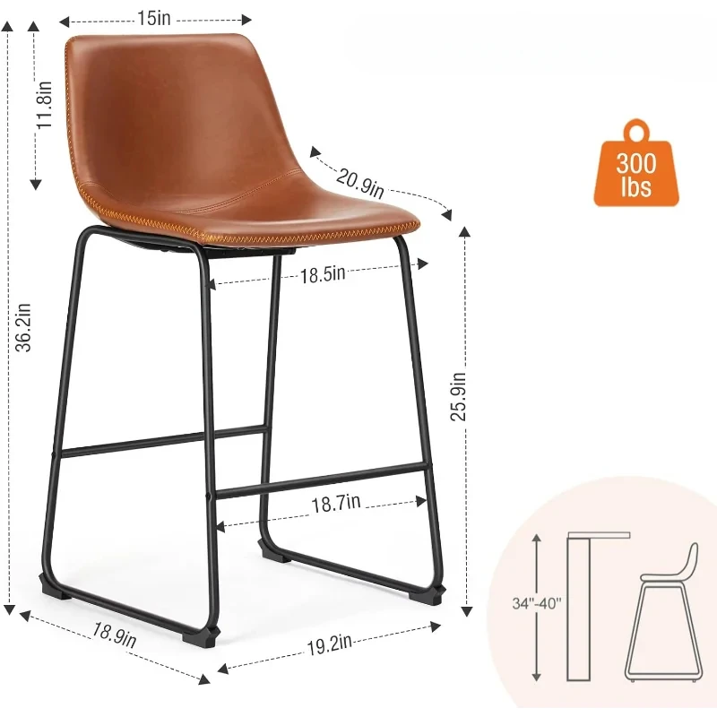 Taburetes de Bar de altura de mostrador, taburete moderno de piel sintética con respaldo, asiento Islan de 26 pulgadas, Juego de 2