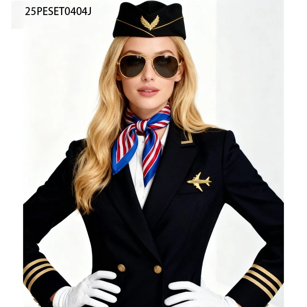 PESENAR Black Stewardess Cosplay Set  Badge Hat, Airplane Brooch, Scarf  White Gloves, Elegant Role Play Outfit