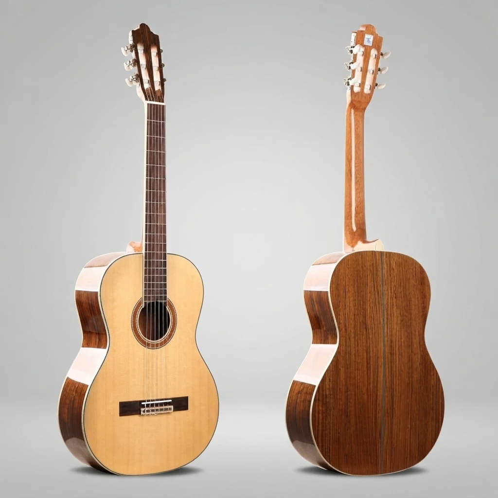 Comfortable Classical Nylon String Guitar, Natural Top Dark Brown Back, Slotted Headstock, White Tuners for Beginners Practice