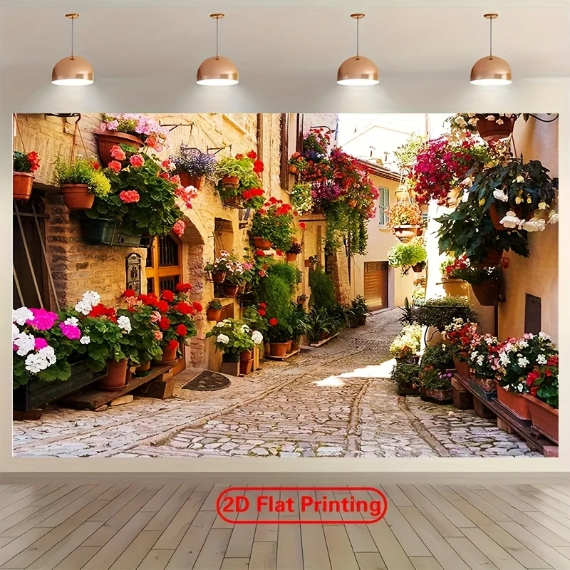 Large Floral Tapestry Wall Hanging European Alley Street Art Italian Mediterranean Home Decor Canvas Print Romantic Cottagecore