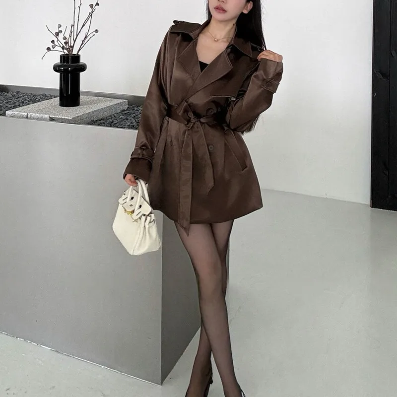 BJTZ 2025 Autumn Winter Women’s Short Belted Trench Coat Pearlescent Satin Tie-Waist Chic Office Luxe Outerwear Jacket