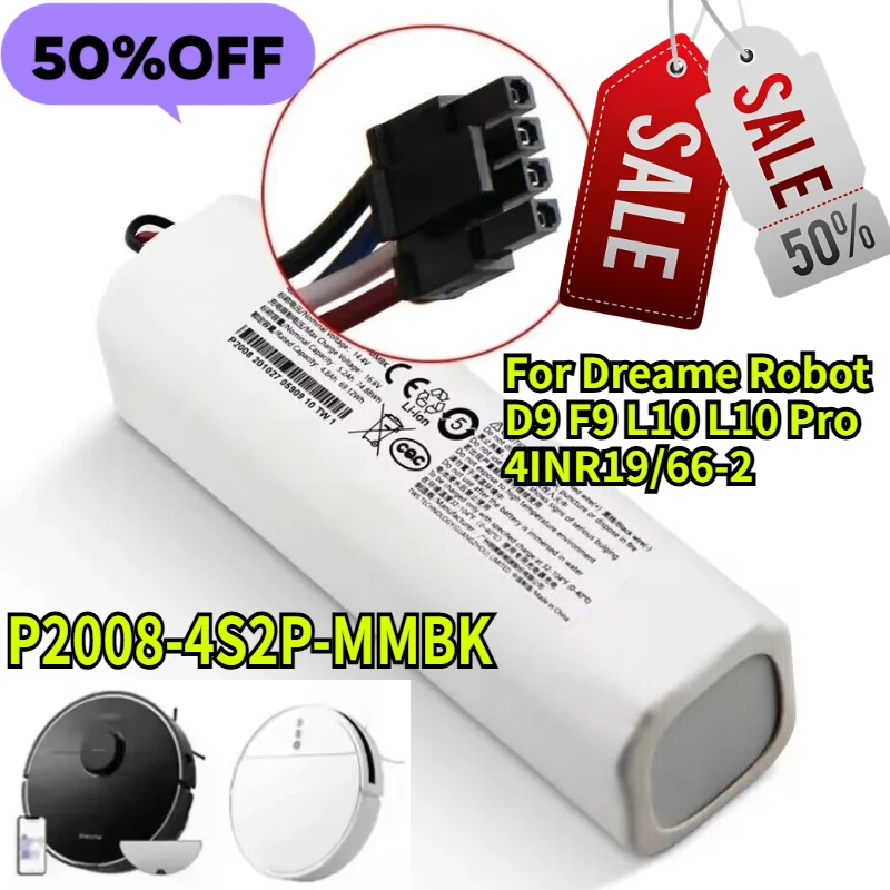 

14.4V 12800mAh Lithium-ion Battery Pack P2008-4S2P-MMBK for Dreame Robot Vacuum Mop Cleaner D9 F9 L10 L10 Pro 4INR19/66-2