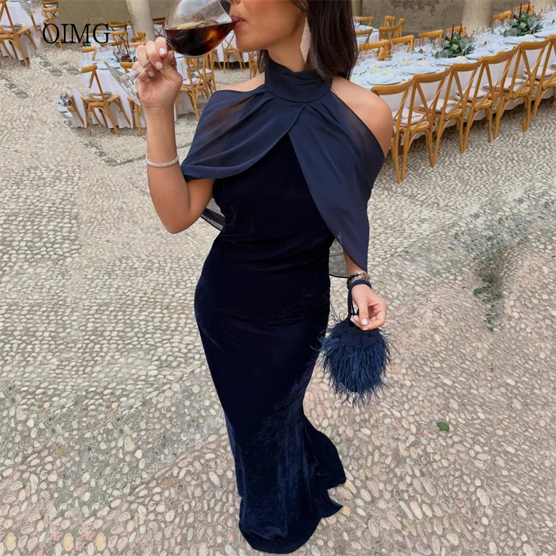 

OIMG элегантное темно-синее платье русалки с лямкой на шее для выпускного вечера бархатное вечернее платье с открытой спиной длиной до пола, идеальное вечернее платье по индивидуальному заказу