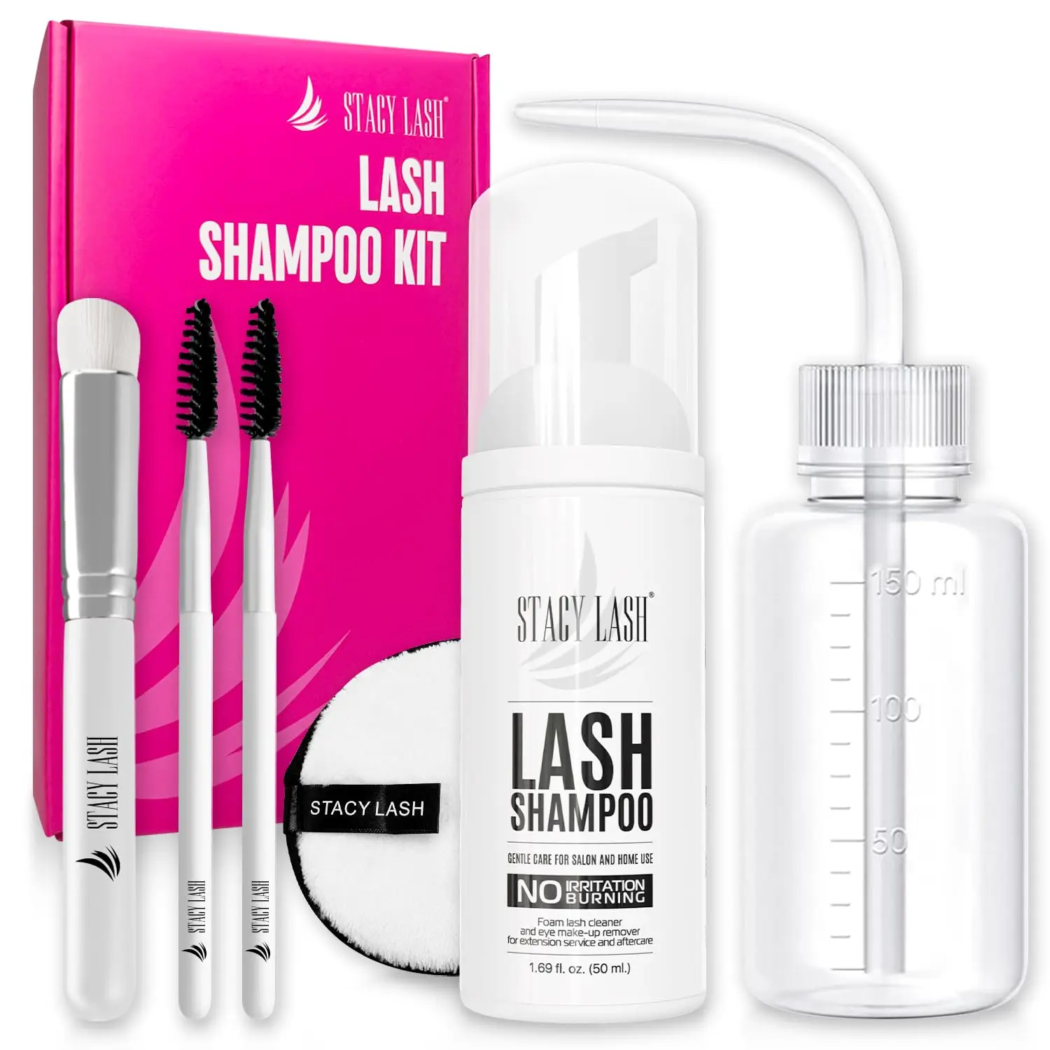 

Lash Shampoo Kit 50ml with Foaming Cleanser, Spoolies, Rinse Bottle & Brush for Eyelash Extensions & Natural Lashes