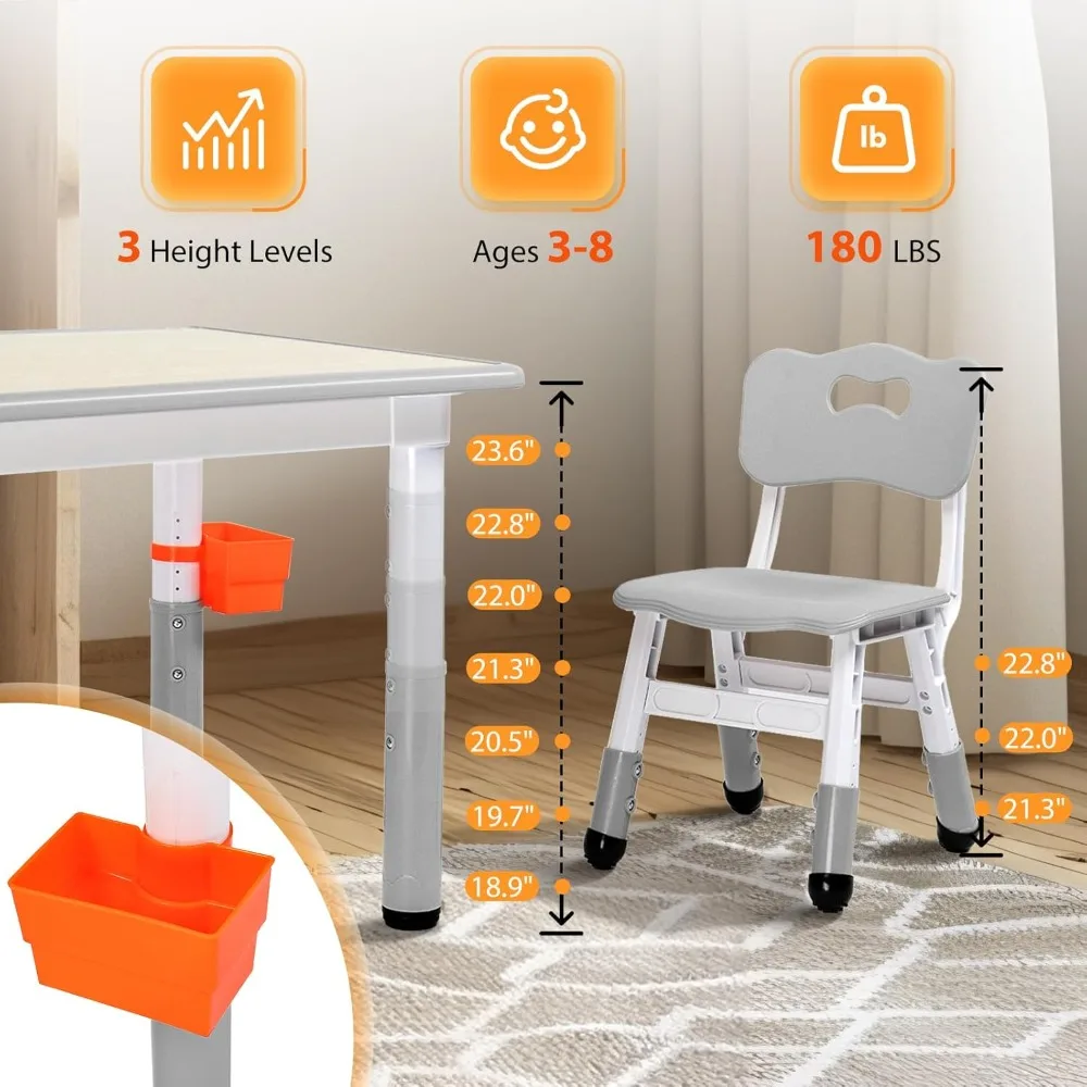 Height-Adjustable Kids Table and 4 Chairs Set, Toddler Table and Chair Set for Kids 2-8 Suitable for Crafts and Study