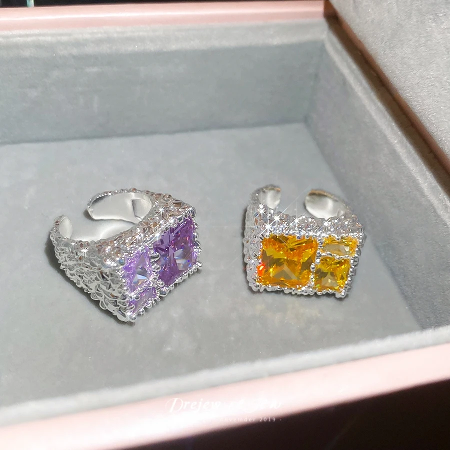DREJEW zircon square pleated open ring simple and fashionable index finger luxurious and high end accessory