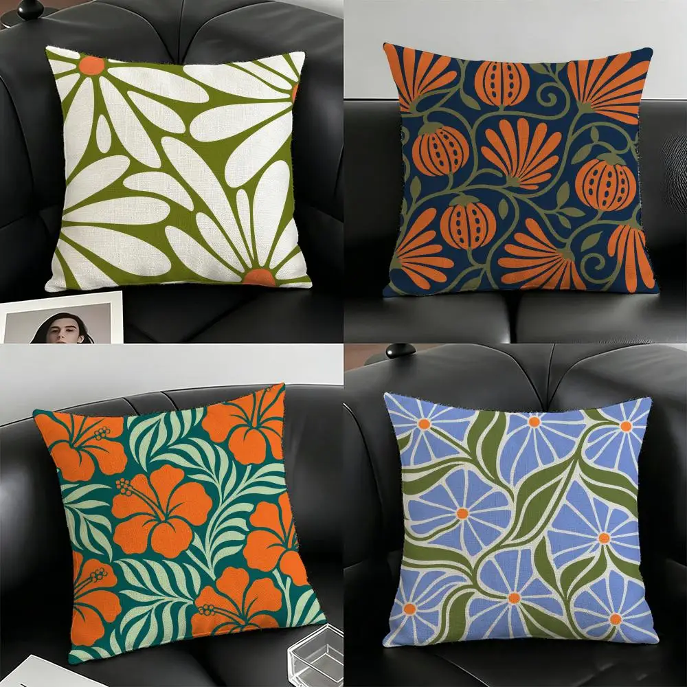 Boho Floral Groovy Cushion Cover Natural Linen Organic Fabric Double-Sided Printing Breathable For Home Decor