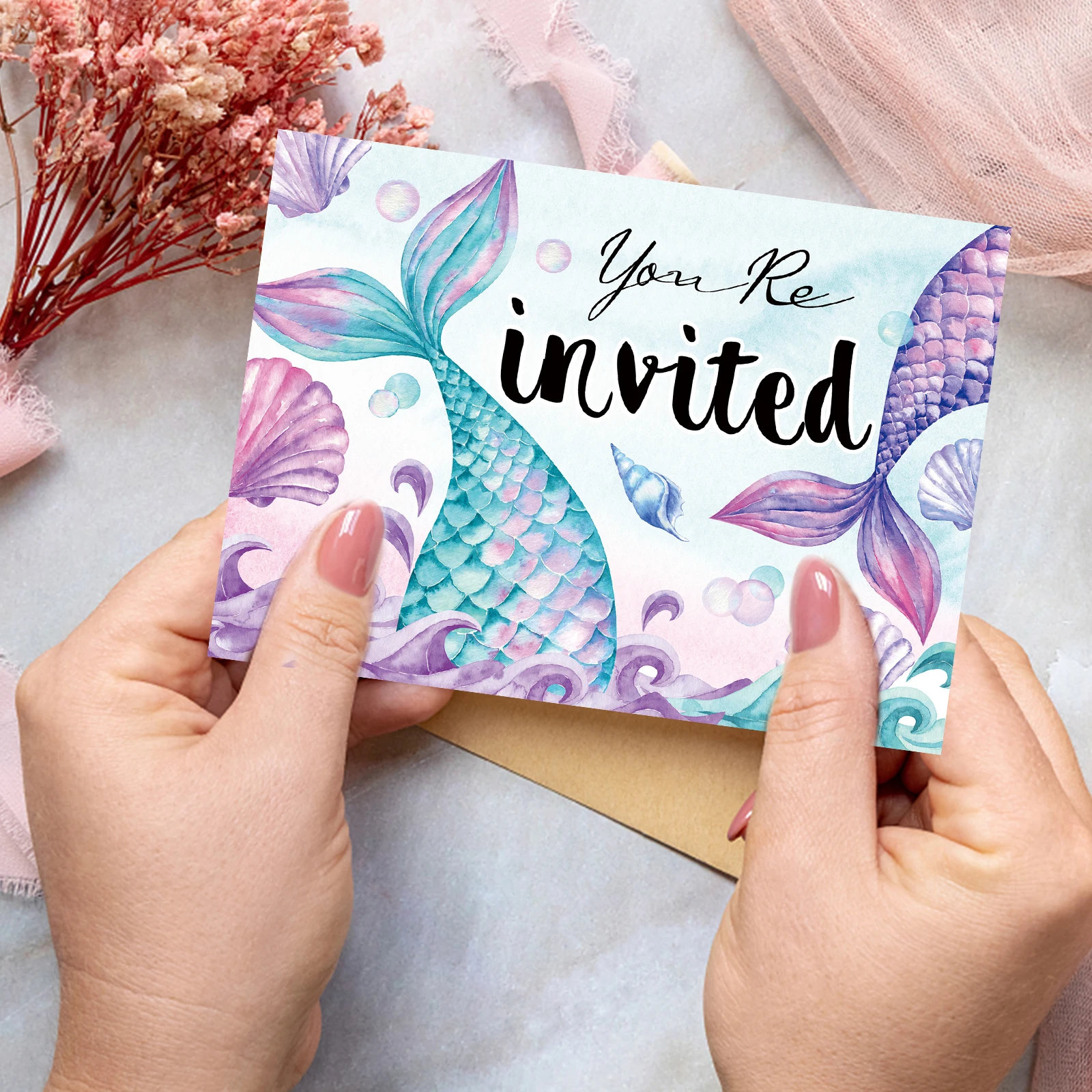 بطاقة دعوة لحفلة عيد الميلاد ، دعوات لطيفة ، حورية البحر تحت الماء ، حيوان بحري ، أرجواني ووردي ، 12 * #4
