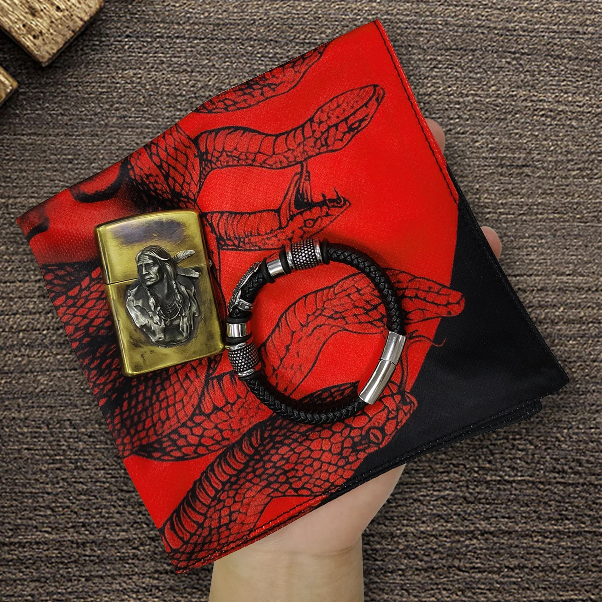 

Men's EDC Hank for Outdoors Knife Beads Decoration Square Handkerchief New Design Medusa Snake Woman Pattern Vintage Style