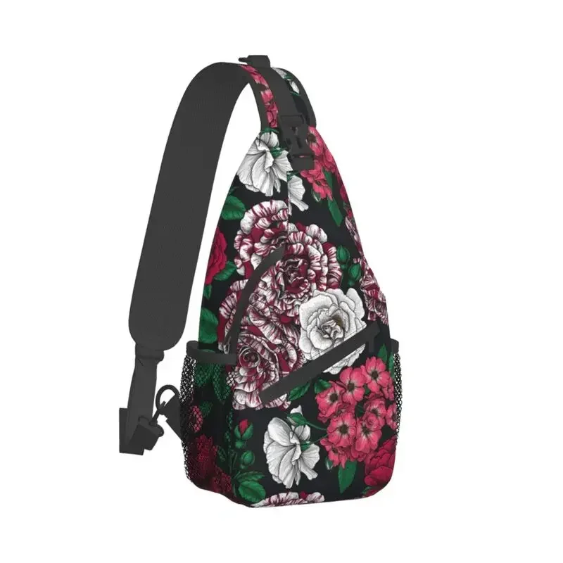 Fashion Bi-color Roses Pattern Sling Crossbody Backpack Men Flower Floral Shoulder Chest Bag for Travel Cycling