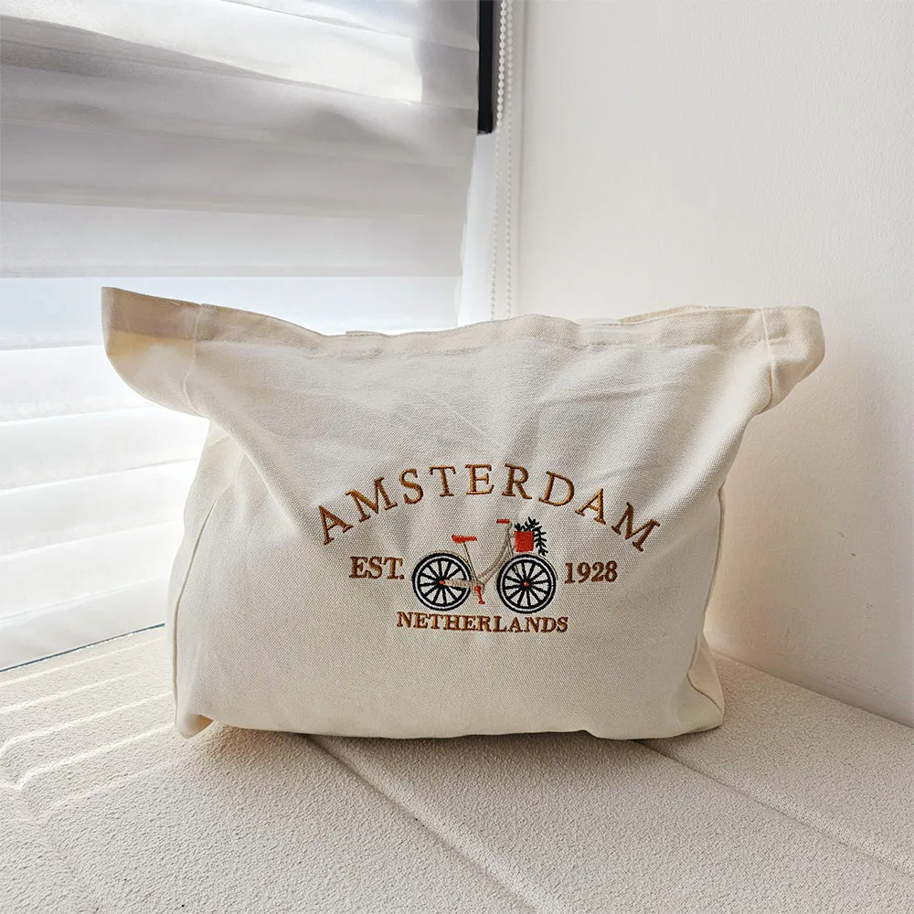 Amsterdam Netherlands Vintage Style Embroidered Canvas Tote Bag 80s 90s Street Shoulder Bags Ladies Casual Khaki Shopping Bags